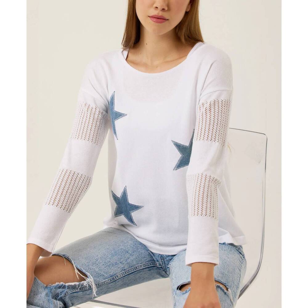 NEW FRENCH KYSS long sleeve star top in white/denim